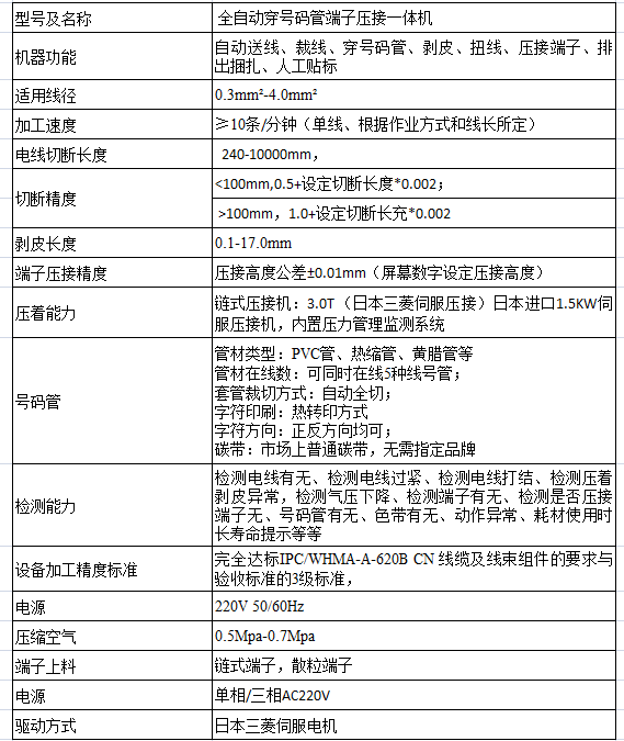 電氣配線設(shè)備之全自動套號碼管端子壓接一體機技術(shù)參數(shù)